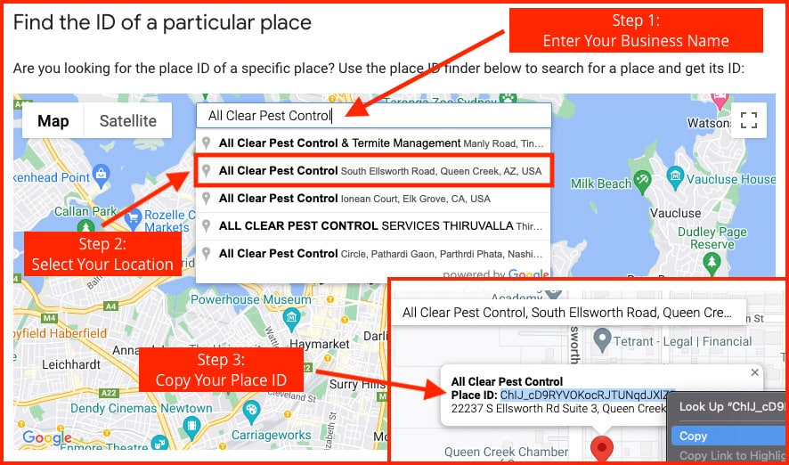 Enter your business' name into the Location Search bar at the top of the map