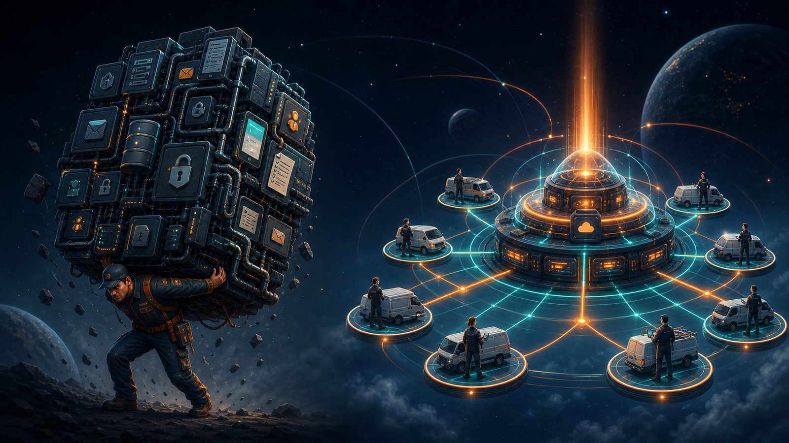 On the left, one operator buckling under the entire weight of hosting, security, and compliance; on the right, that same load carried by a shared platform that keeps a whole fleet of pest control teams running.