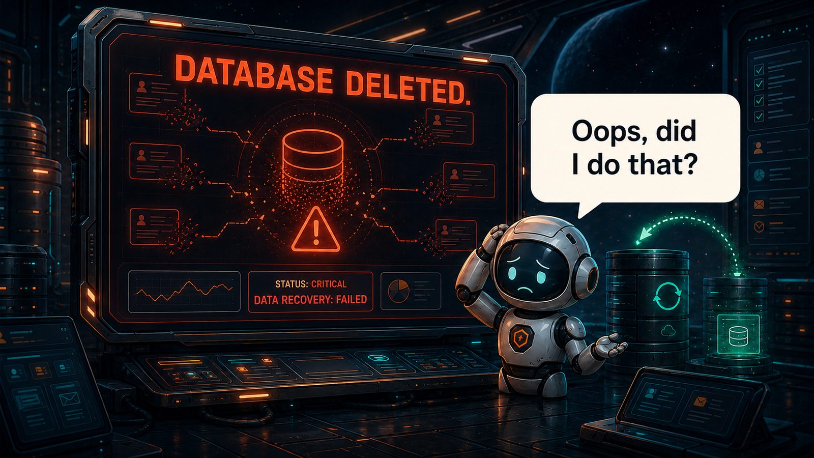 A critical dashboard reading "DATABASE DELETED — data recovery: failed" while a small robot shrugs, "Oops, did I do that?"