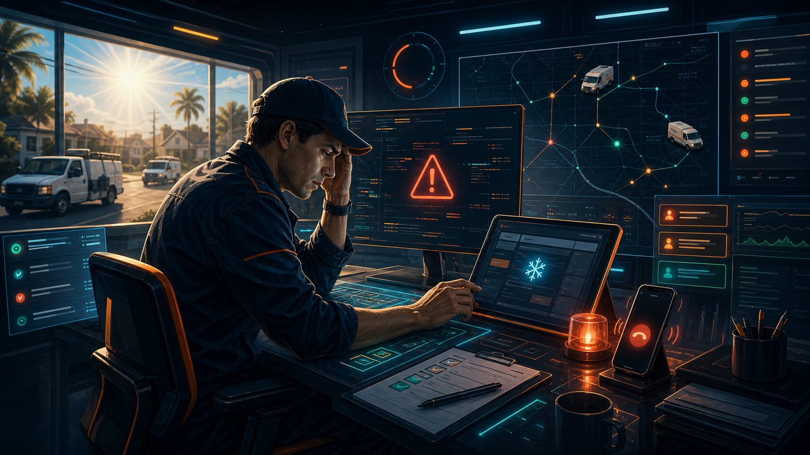 A pest control operator stares at an error alert on his dashboard mid-route, phone ringing, while trucks are still out in the field.