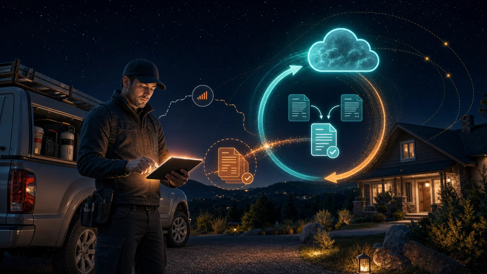 A field representative using a proposal on a tablet with weak connectivity while documents cache locally and synchronize safely when the connection returns.
