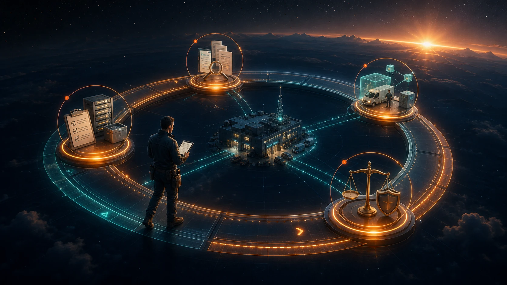 A service-business operator follows a four-stage orbital timeline: inventory the current system, request evidence, run a limited pilot, and make a measured decision at the end of the year.