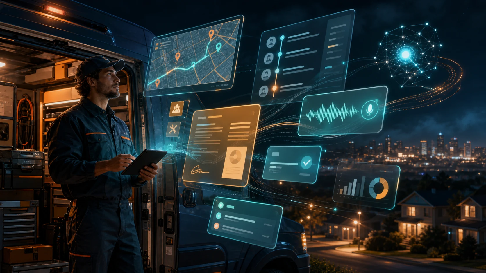 A field technician stands in a service truck doorway as scheduling maps, customer timelines, voice automation, and AI software layers glow around a tablet.