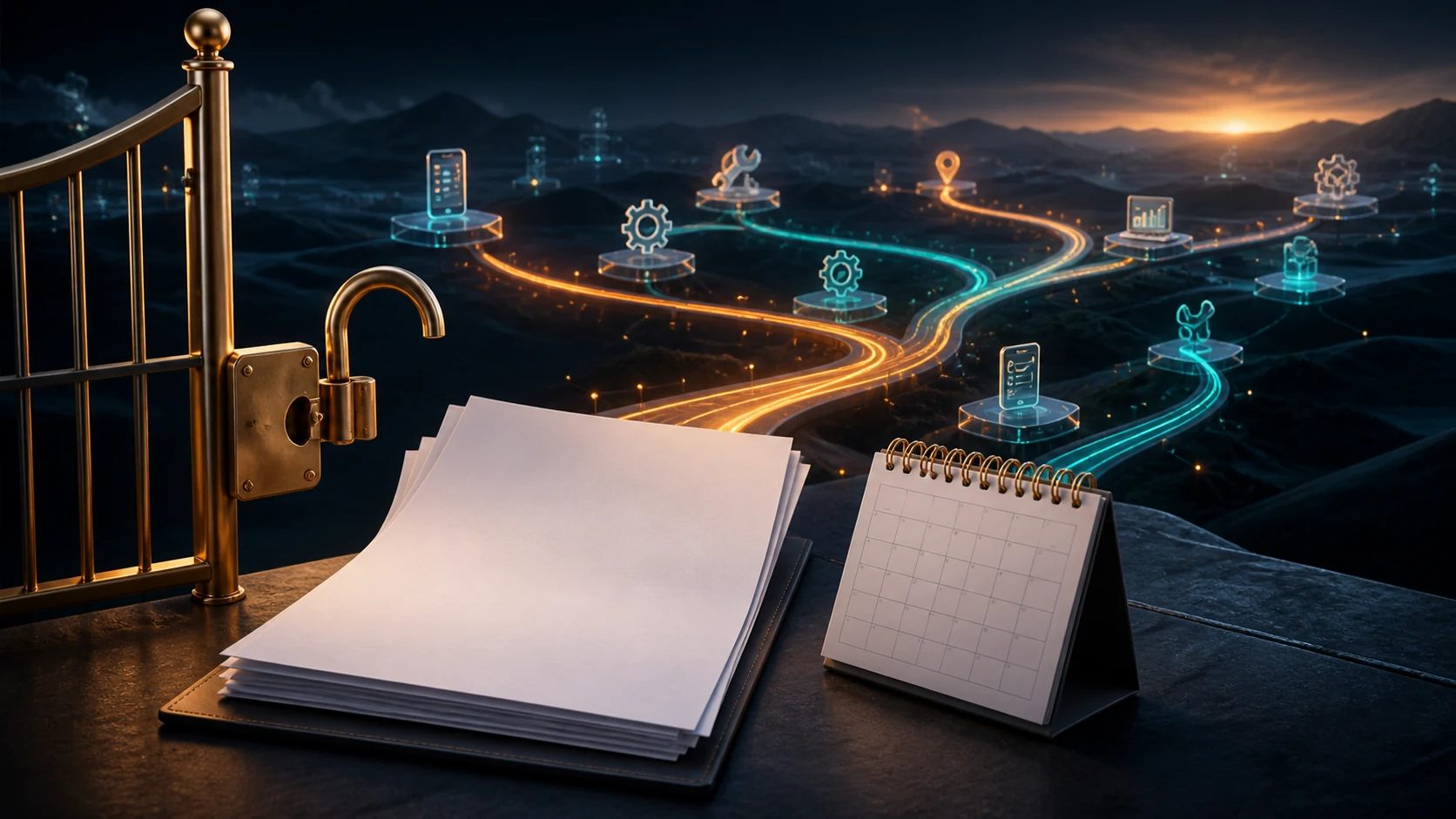 A blank contract and calendar sit beside an open gate as flexible software paths branch into the future.