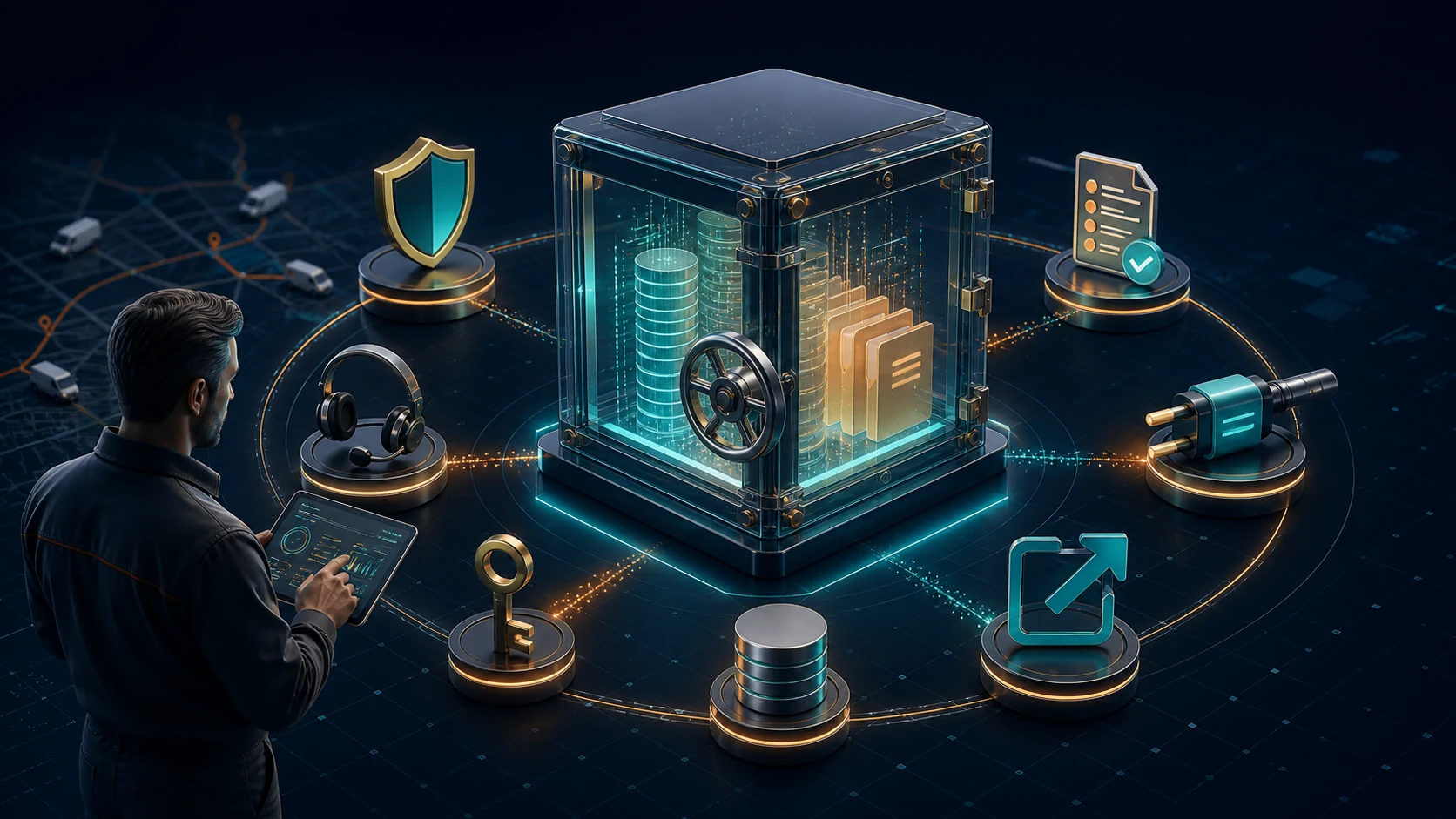A secure glass data vault holds customer and job data while an operator reviews a shield, audit trail, API connection, export arrow, backup stack, and support signal.
