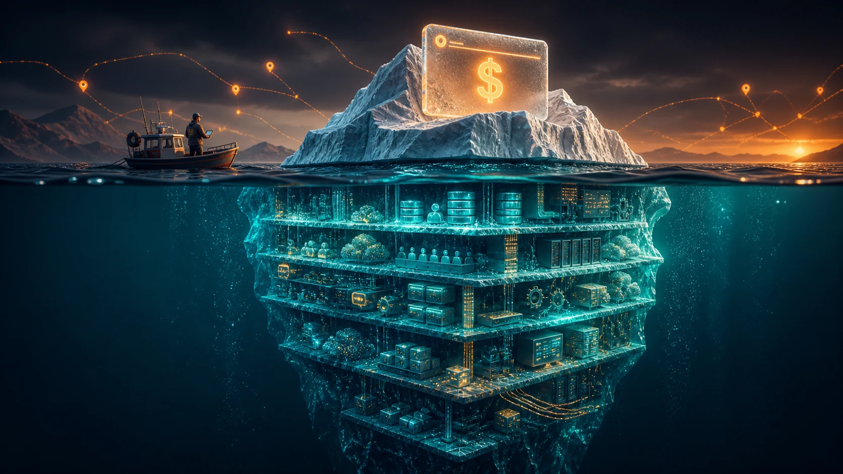 A software subscription iceberg rises above dark water while larger layers below represent implementation, migration, training, usage fees, integrations, support, and exit work.