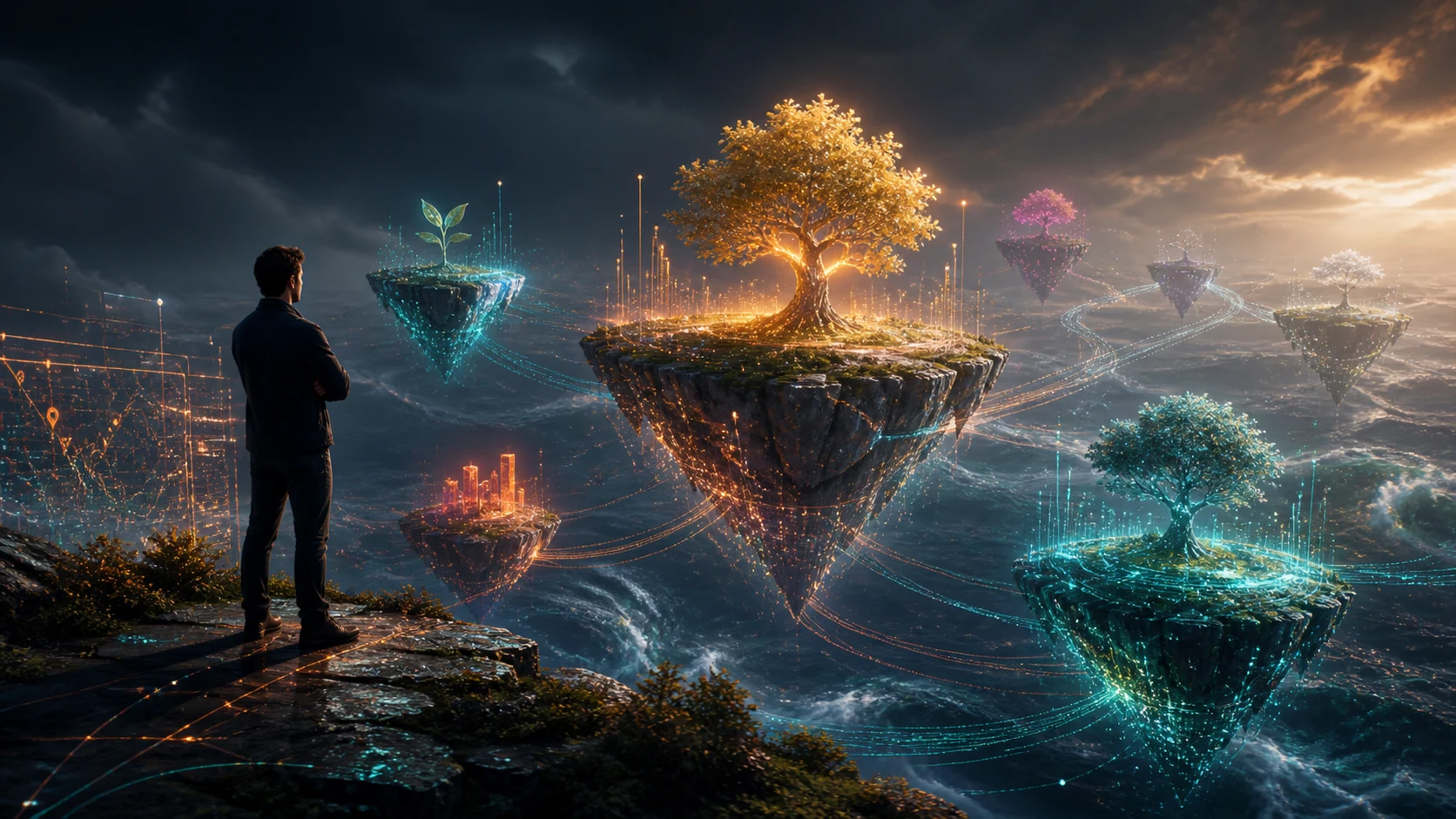 Several glowing software platforms appear as floating islands in a fast-moving digital storm while a service-business owner watches from solid ground.