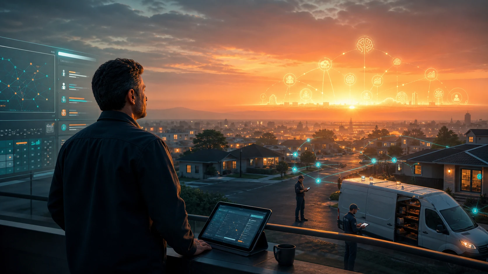 A business owner keeps a reliable operations hub connected in the foreground while observing promising new software options glowing on the horizon.