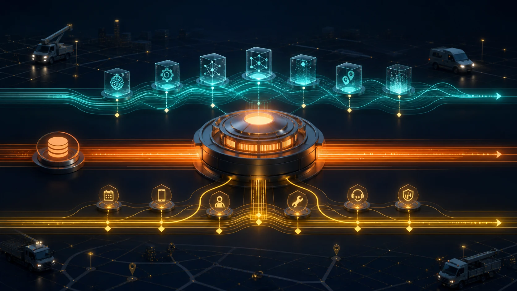 Three illuminated software pathways show a stable operations hub, a flexible AI and automation layer, and specialist tools branching off without replacing the core.