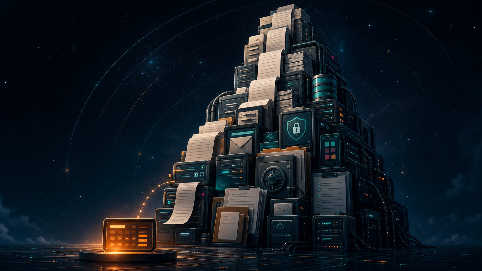 A small glowing calculator dwarfed by a towering stack of servers, documents, and security systems — the real cost hidden behind a tool that started out free.