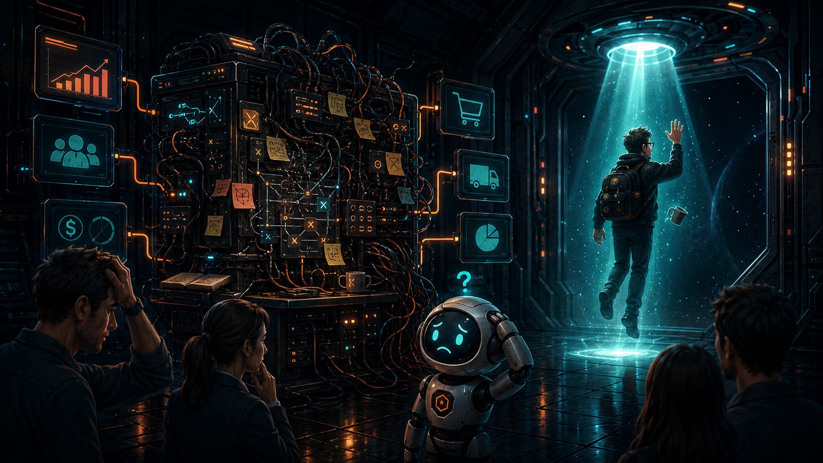 A team stares helplessly at a tangled, sticky-note-covered machine only one person understood — as that person floats away in a beam of light, coffee mug and all.