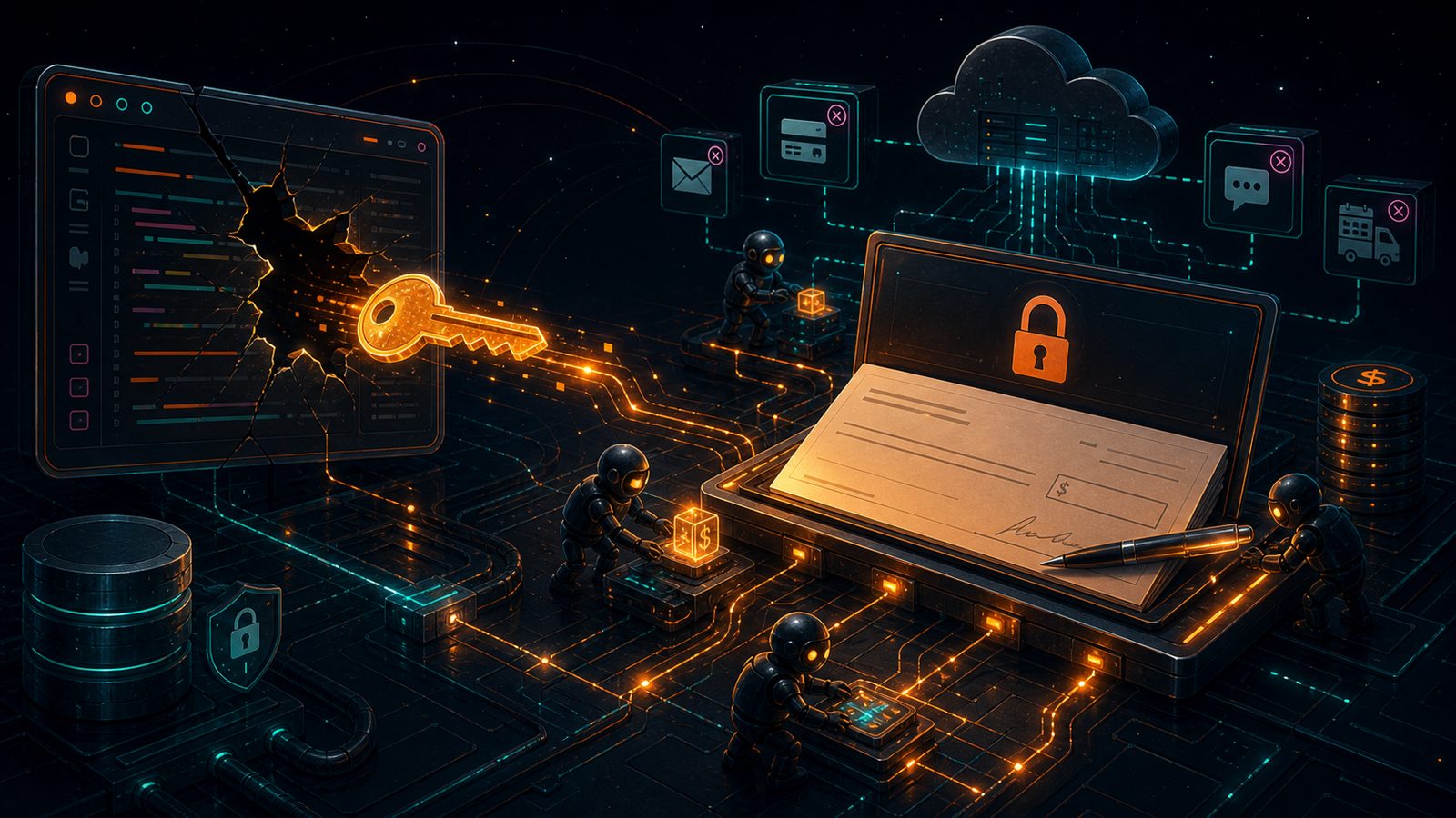 A single exposed key escaping through a crack in the code while bots siphon money and switch off email, payments, and messaging — one leaked secret writing someone else a blank check.