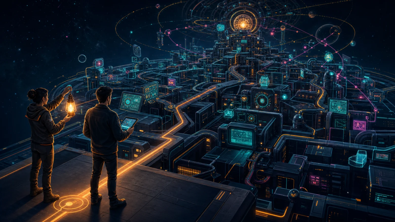 A new employee and an experienced teammate stand at the beginning of a long path through an unfamiliar maze of custom software, undocumented workflows, and hidden dependencies.