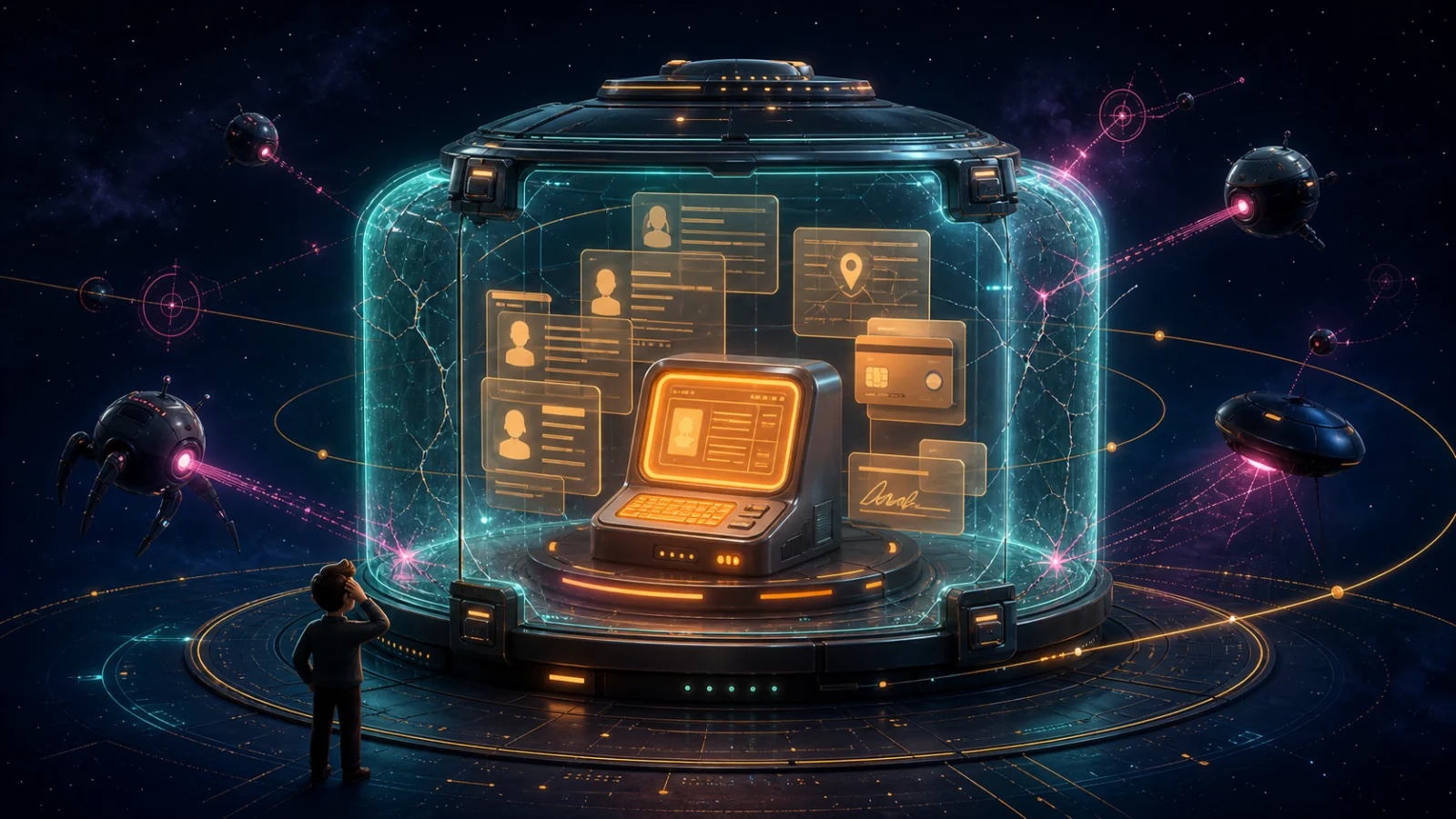 A homegrown proposal system holding customer profiles, addresses, payment details, and signatures inside a strained security vault while automated threats probe its perimeter.