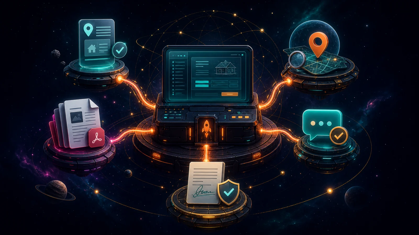 A proposal platform connected to paid third-party services for verified addresses, location search, PDF rendering, customer messaging, and electronic signatures.