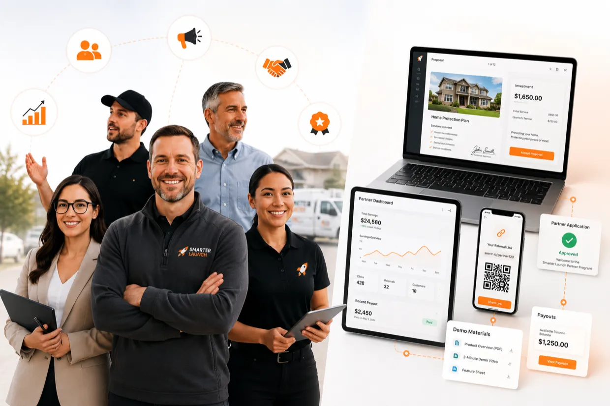 Smarter Launch partners and the partner dashboard — referral link, earnings, payouts, and demo materials