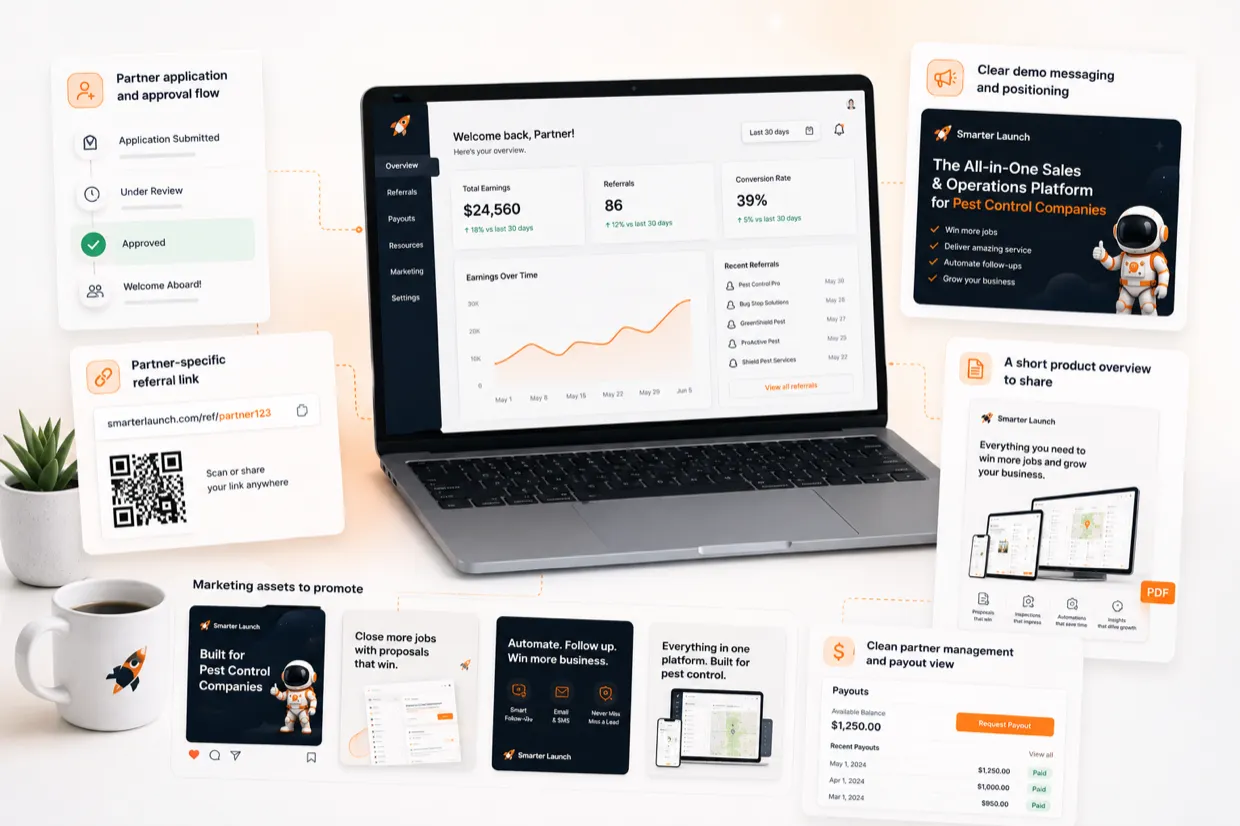 The Smarter Launch partner toolkit — proposal builder, referral link, demo materials, and payouts dashboard